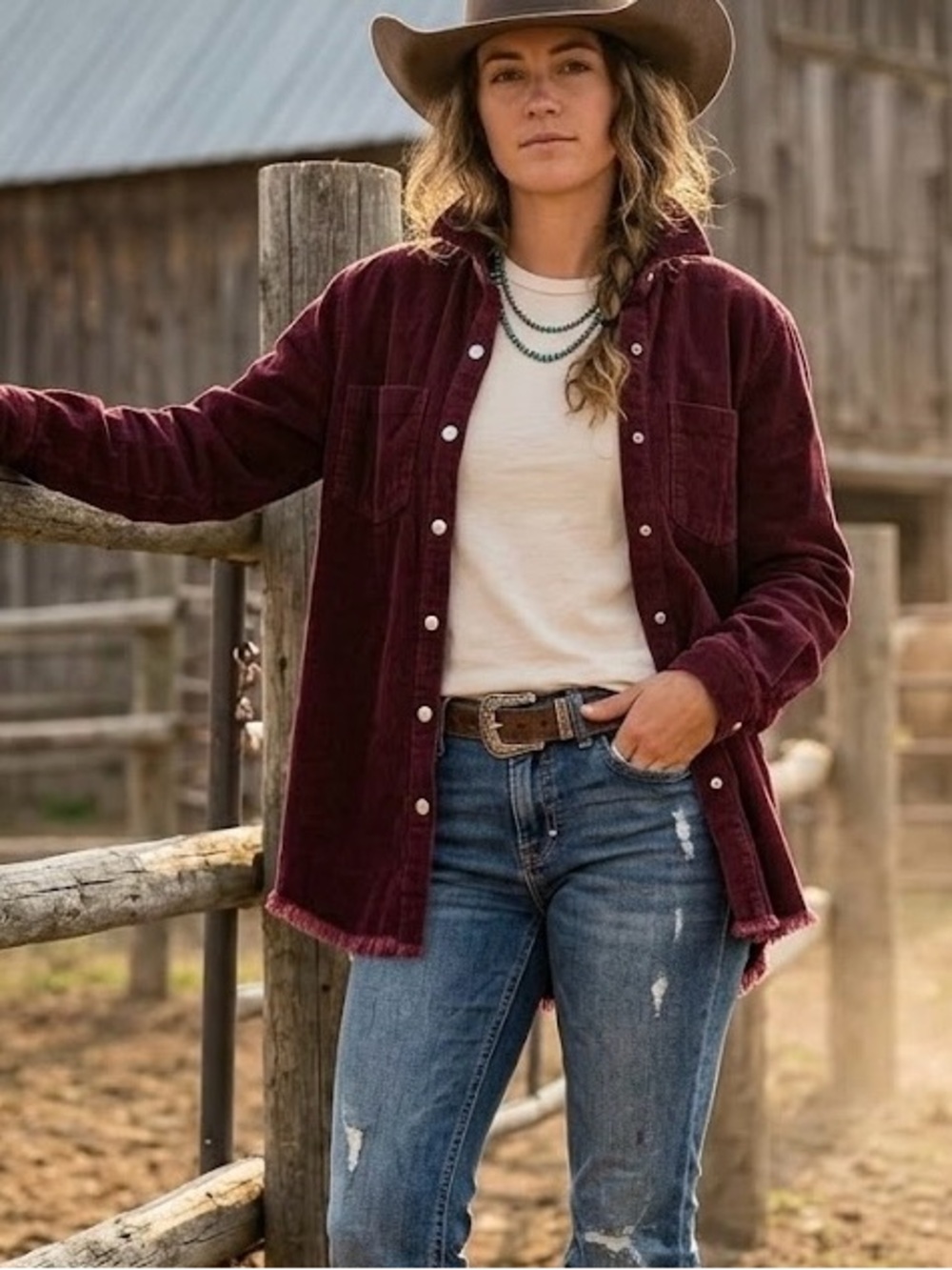 boohoo BLUE Burgundy Corduroy Frayed Hem Shacket Shirt Cowgirl Grunge Boho Chic